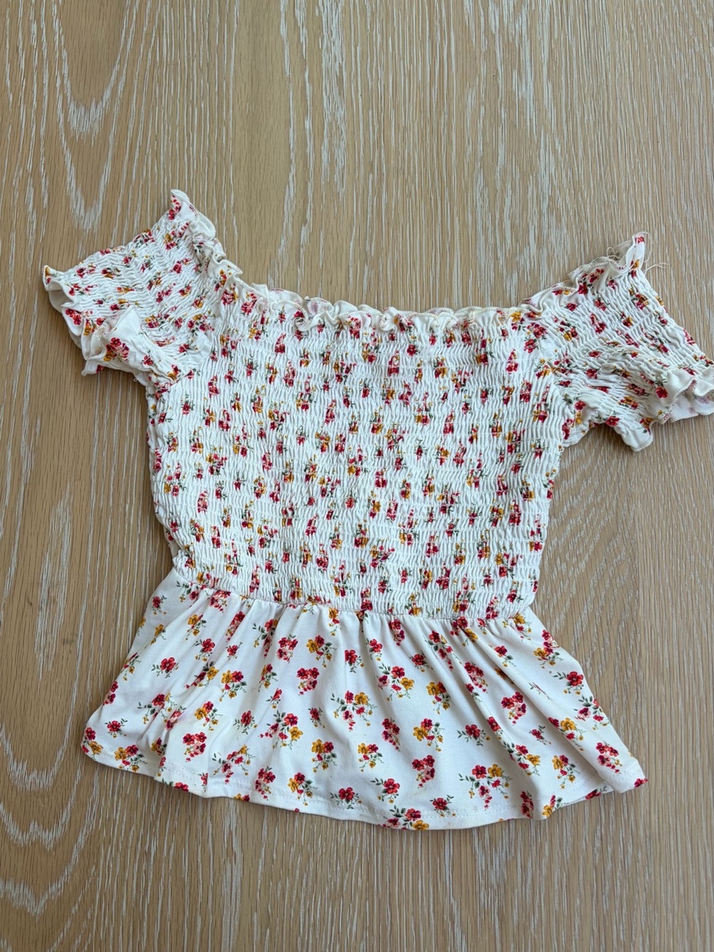 Pink Lily White Off-Shoulder Smocked Floral Peplum Top